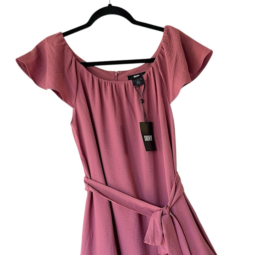 NWT DKNY FLUTTER SLEEVE DRESS RUFFLE HEM TIE WAIST ROSE | SIZE 4 - Picture 2 of 9